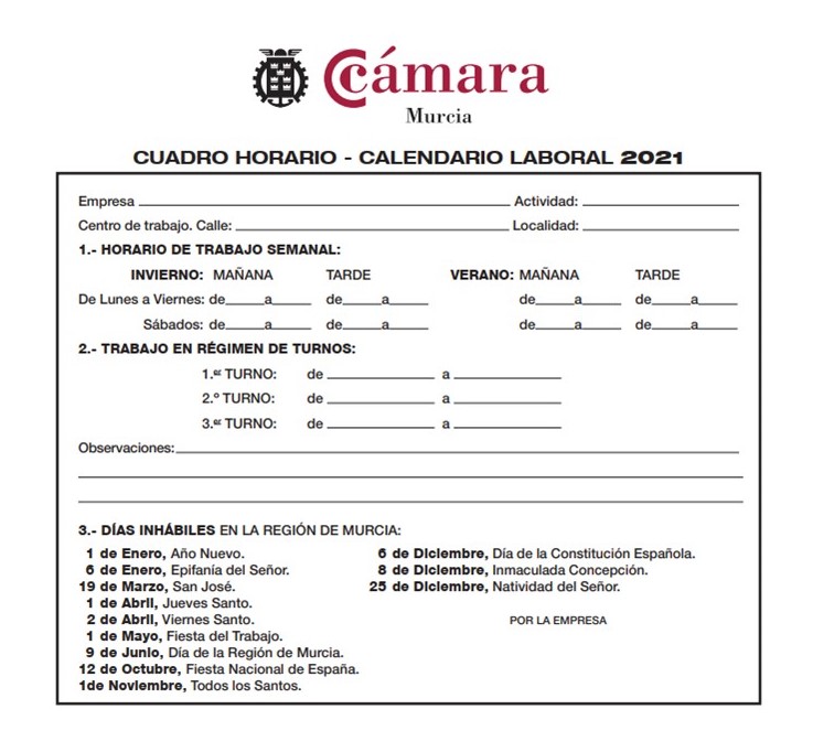 Calendario Laboral Y Festivos De Libre Apertura 2021 Camara De Comercio De Murcia calendario laboral 2021 camara de comercio