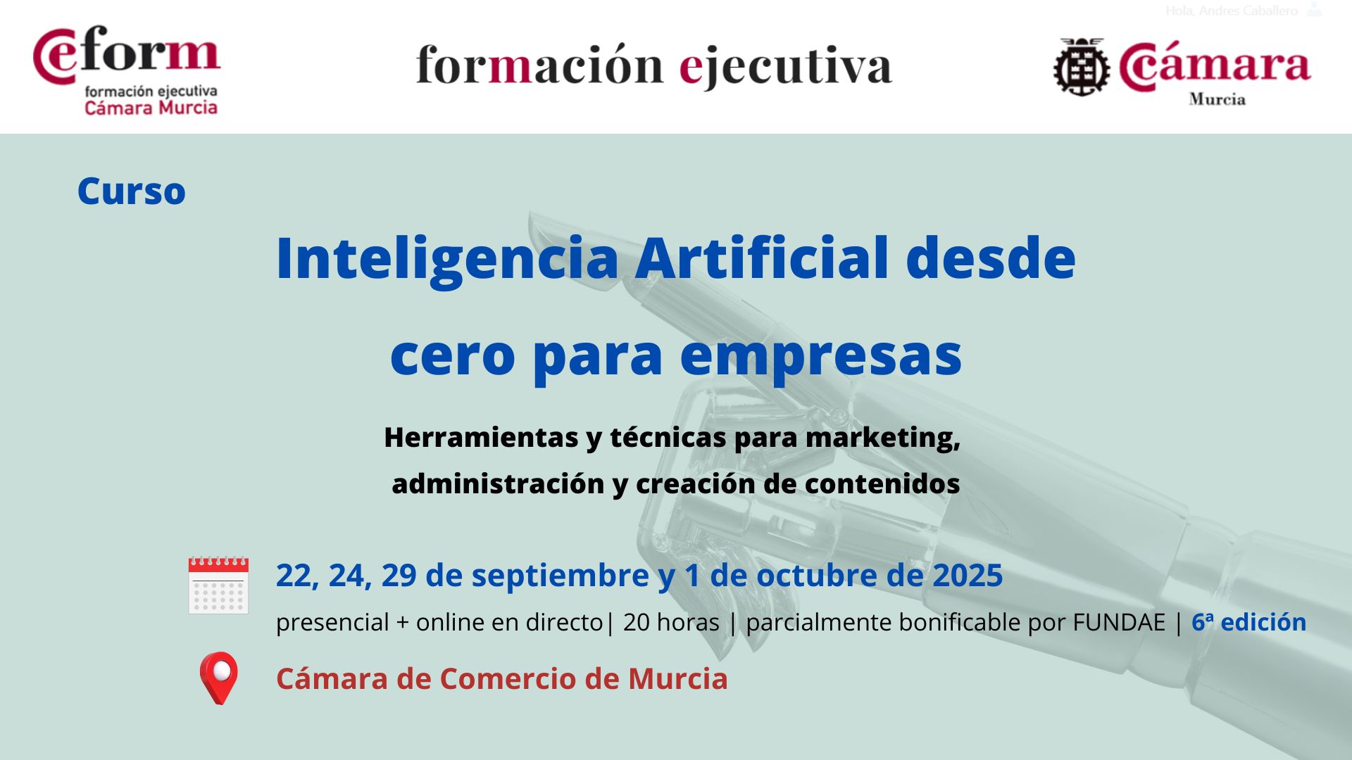 Curso híbrido | Inteligencia Artificial desde cero para empresas| 6ª edición | Cámara de Comercio de Murcia | Formación Ejecutiva