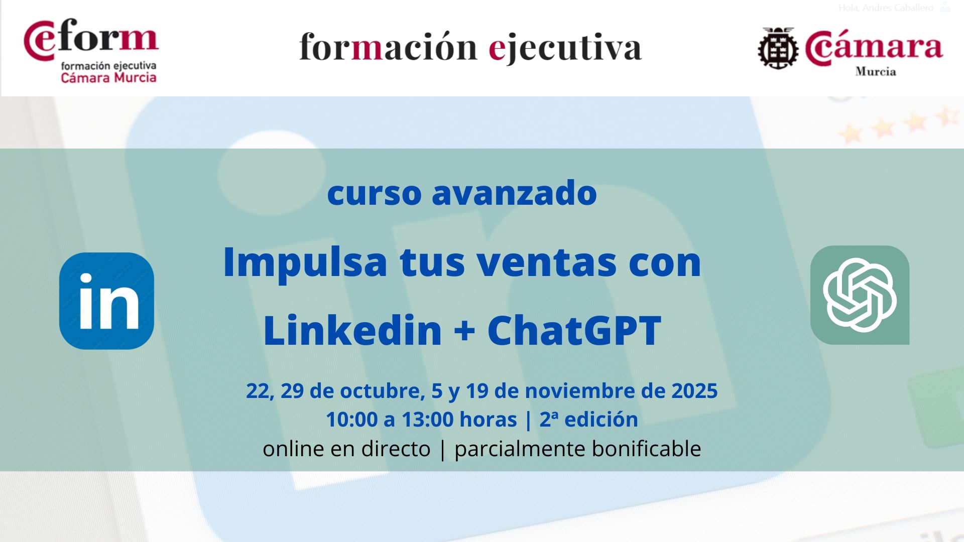 curso avanzado | ventas | linkedin chatGPT | Cámara de Comercio de Murcia | 2ª edición