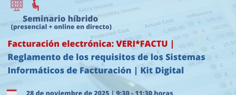 seminario + webinar | Factura electrónica: Verifactu. Reglamento para sistemas informaticos de facturación electronica | Oficina Acelera Pyme | Cámara de Comercio de Murcia