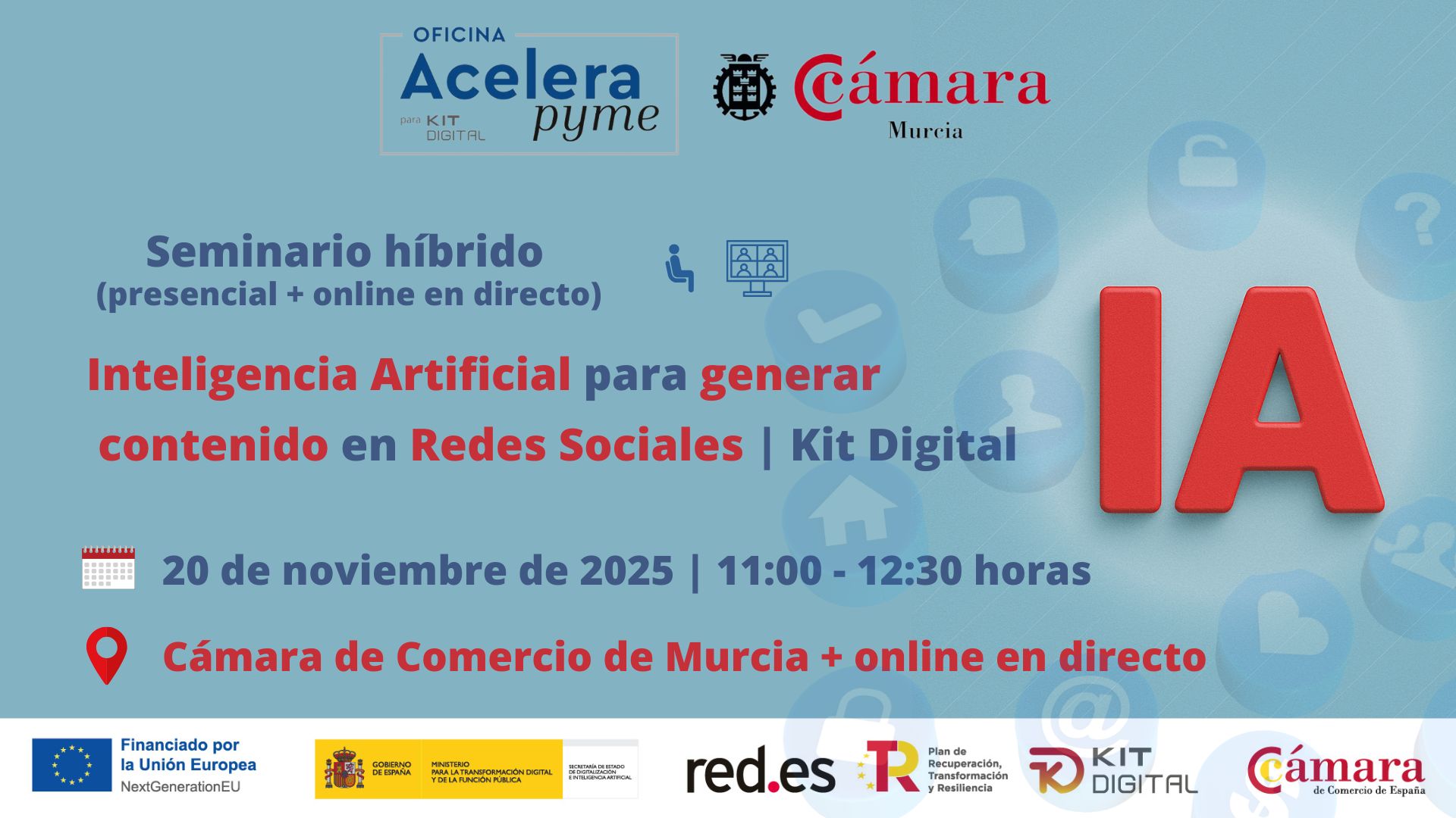 seminario + webinar | Inteligencia Artificial para generar contenido en Redes Sociales | Cámara de Comercio de Murcia | Oficina Acelera Pyme