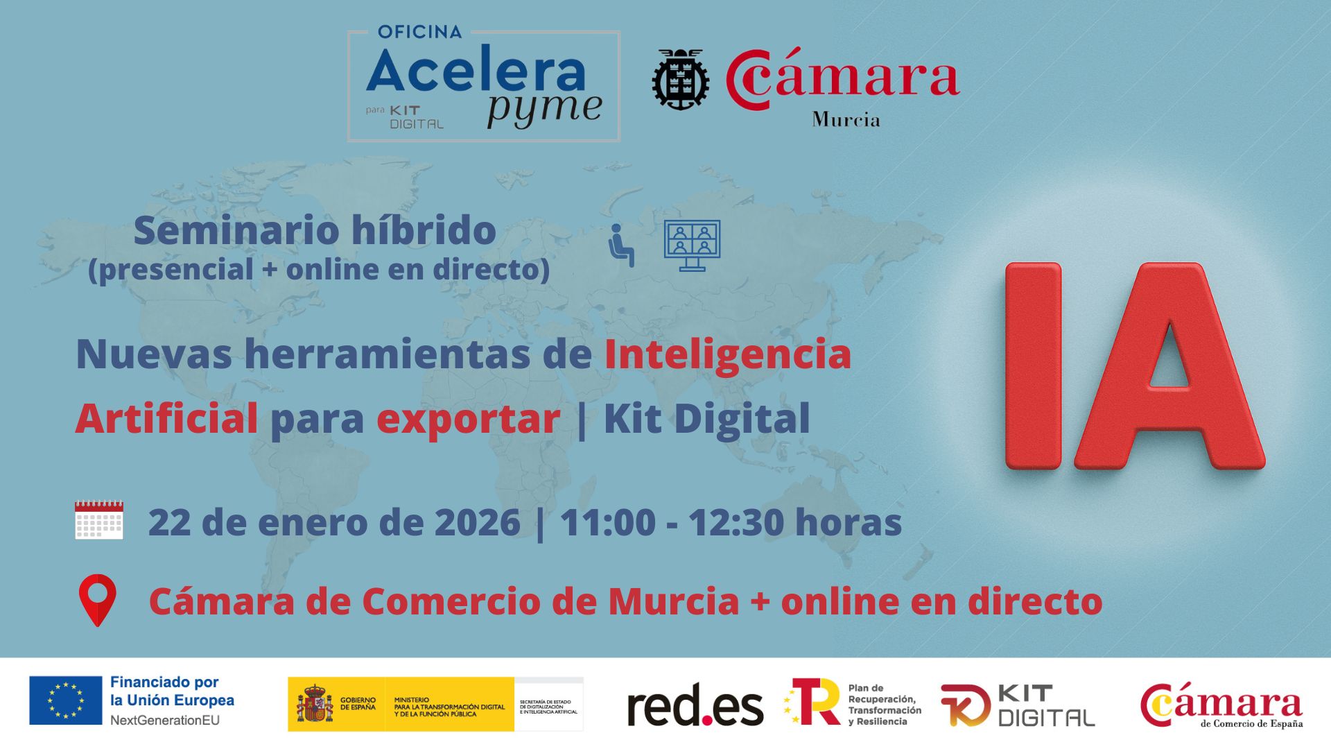 seminario + webinar | Nuevas herramientas de IA para exportar | Cámara de Comercio de Murcia | Oficina Acelera Pyme